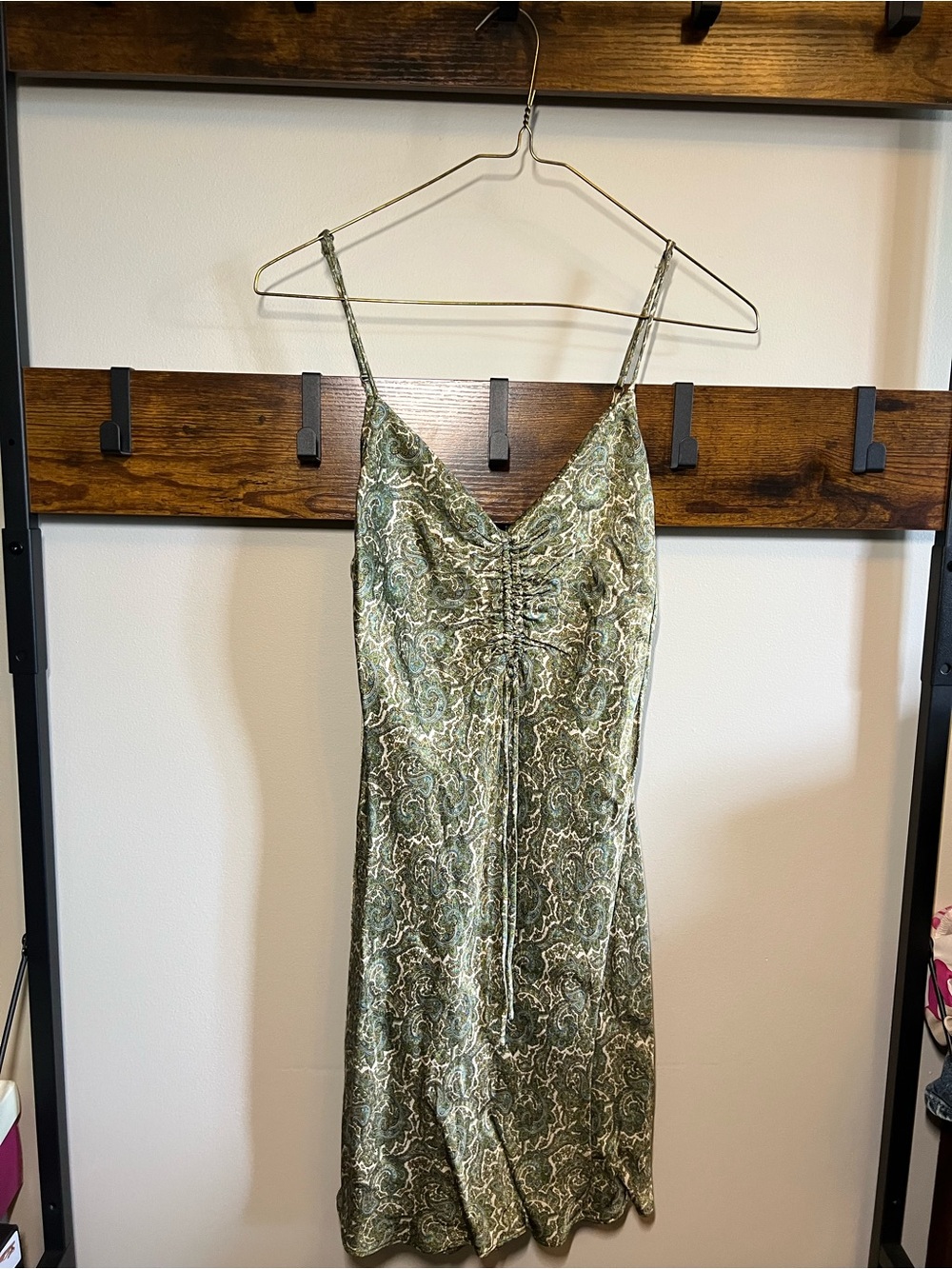 Zara Green Paisley Ruched Slip Midi Dress